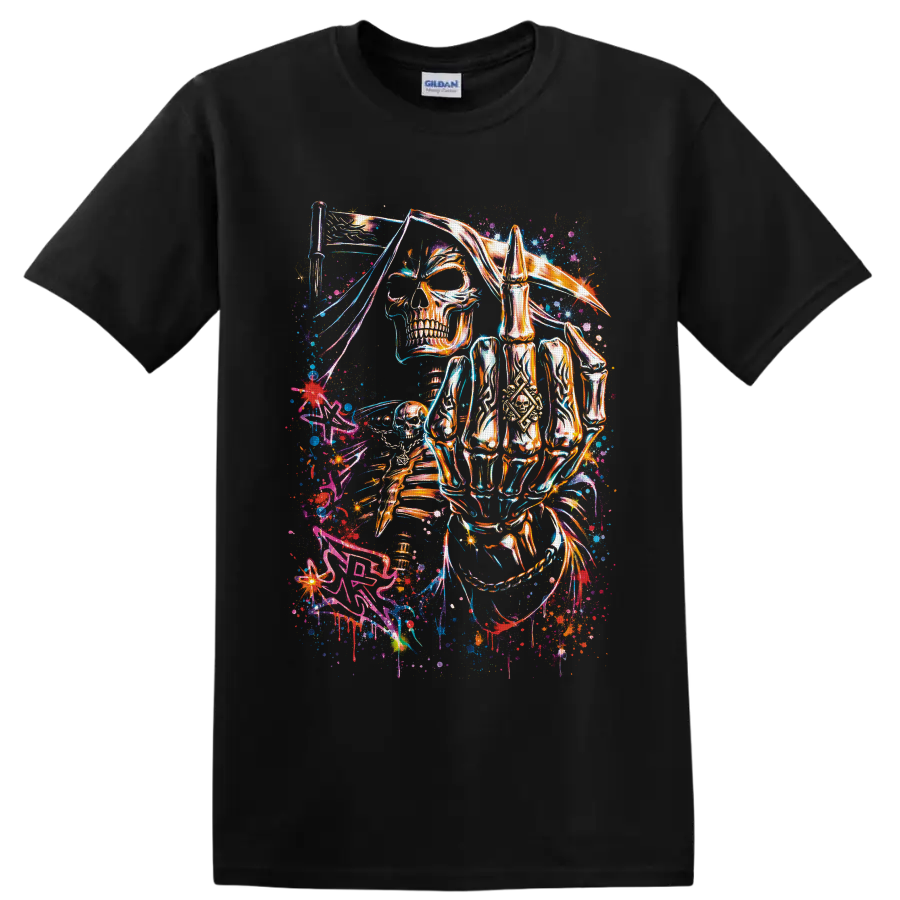 Neon grim reaper skeleton with scythe in cosmic graffiti art on a Black T Shirt