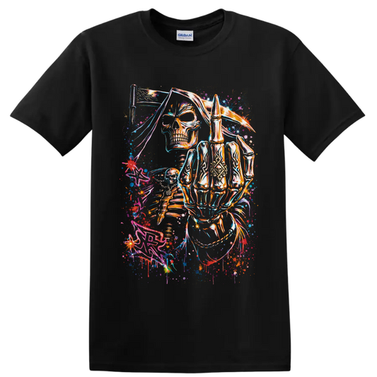 Neon grim reaper skeleton with scythe in cosmic graffiti art on a Black T Shirt