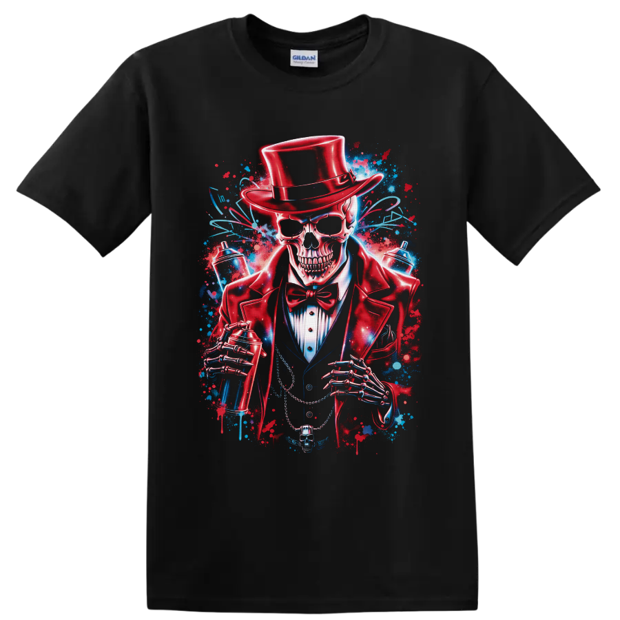 Top-hatted skeleton gentleman with spray cans in vivid red and blue graffiti art on a Black T Shirt