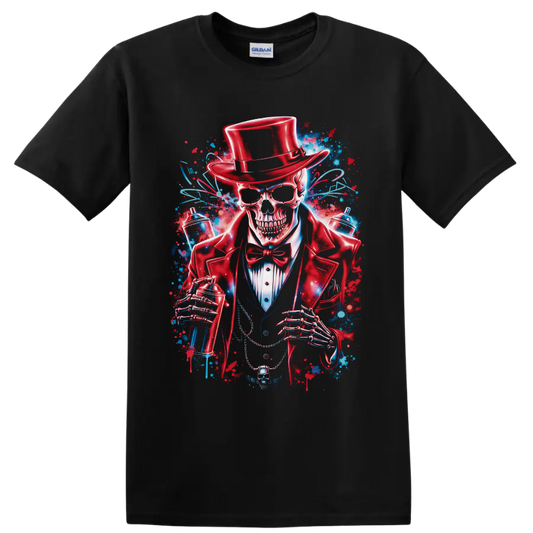 Top-hatted skeleton gentleman with spray cans in vivid red and blue graffiti art on a Black T Shirt