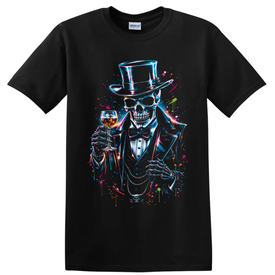 Neon gothic skeleton in top hat holding whiskey glass and cane splatter art on a Black T Shirt