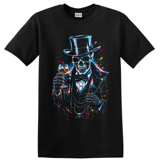 Neon gothic skeleton in top hat holding whiskey glass and cane splatter art on a Black T Shirt