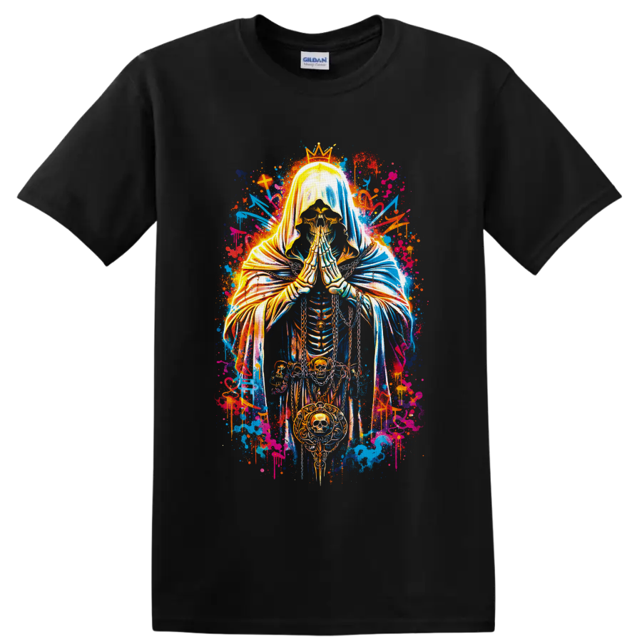 Crowned praying skeleton with skull medallion in neon gothic graffiti art on a Black T Shirt