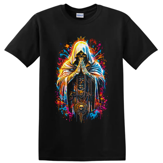 Crowned praying skeleton with skull medallion in neon gothic graffiti art on a Black T Shirt