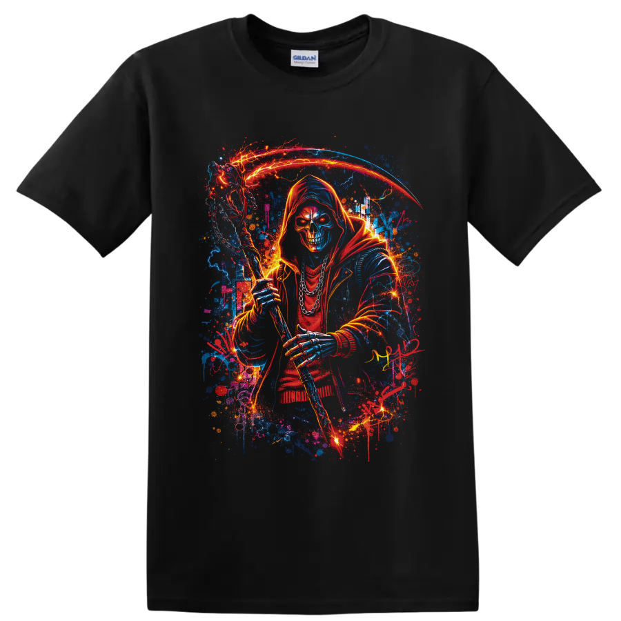 Neon hooded Grim Reaper skull holding a glowing scythe amid lightning and paint splatters on a Black T Shirt
