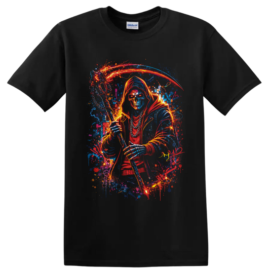 Neon hooded Grim Reaper skull holding a glowing scythe amid lightning and paint splatters on a Black T Shirt