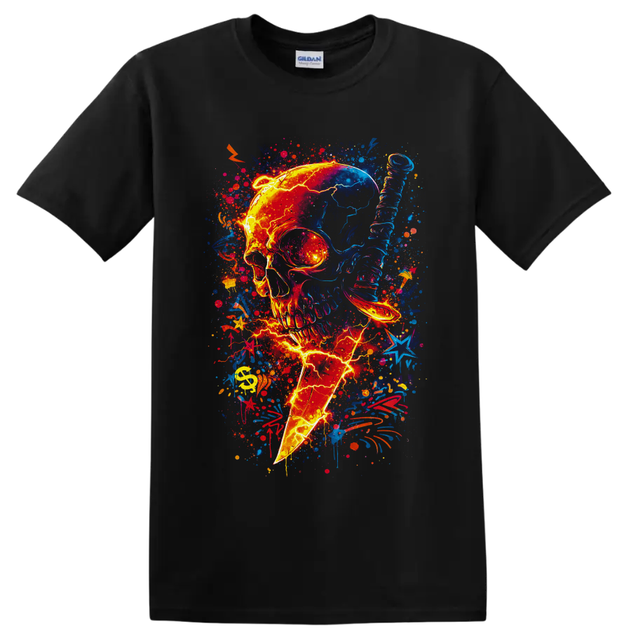 Neon skull pierced by lightning bolt with vibrant graffiti splatters and stars on a Black T Shirt