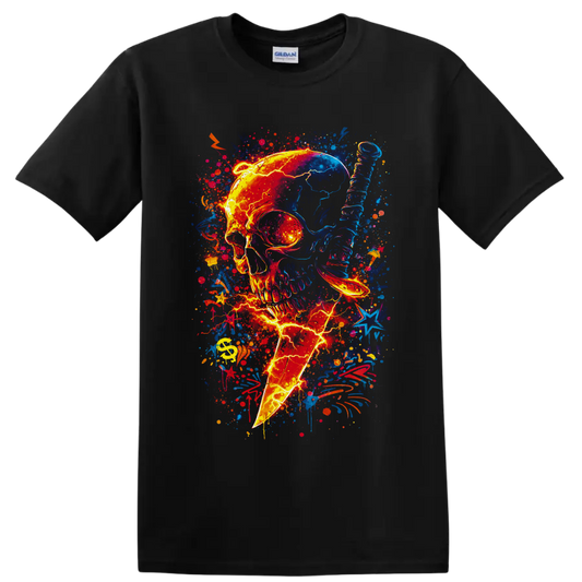 Neon skull pierced by lightning bolt with vibrant graffiti splatters and stars on a Black T Shirt