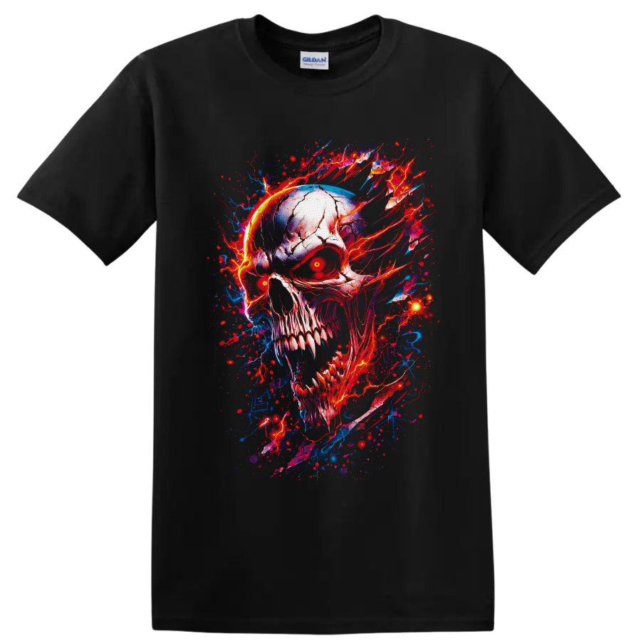 Cracked horror skull with glowing red eyes and red-blue lightning splatter art on a Black T Shirt