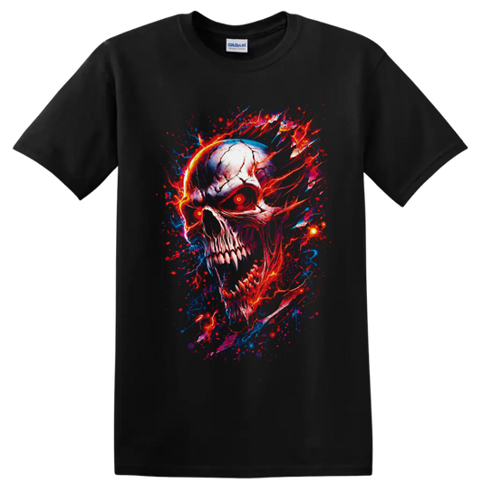 Cracked horror skull with glowing red eyes and red-blue lightning splatter art on a Black T Shirt