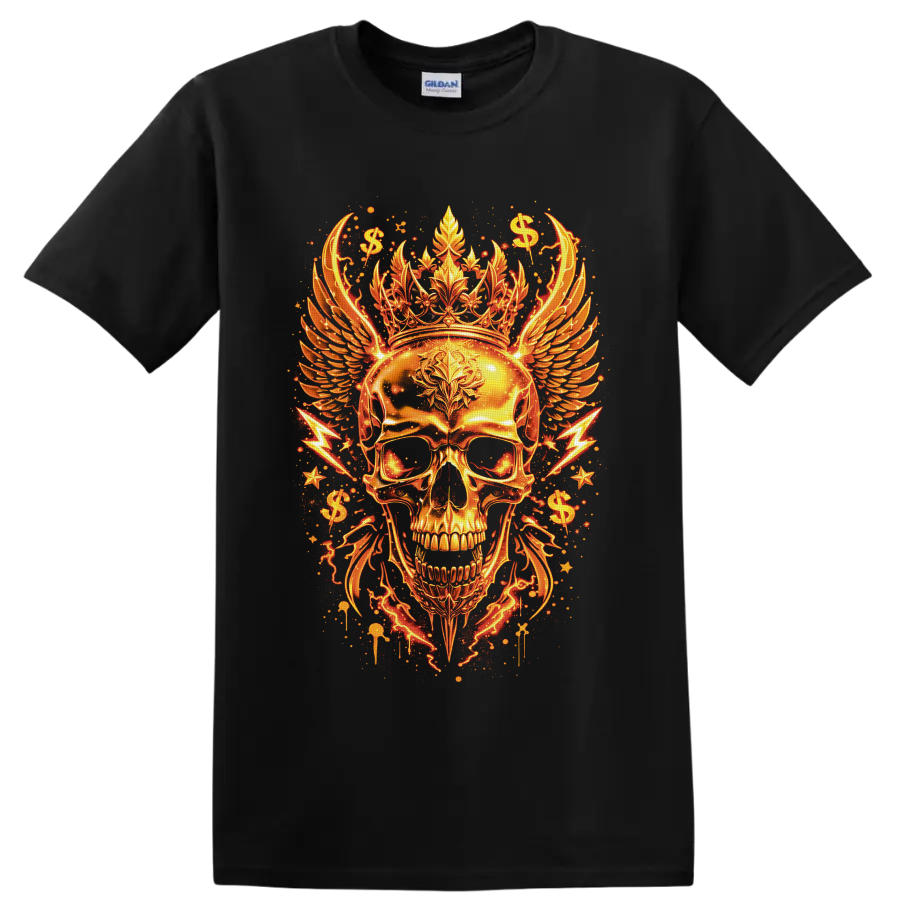 Golden crowned skull with feathered wings, dollar signs, stars, and lightning on a Black T Shirt