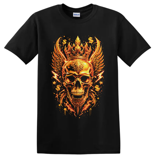 Golden crowned skull with feathered wings, dollar signs, stars, and lightning on a Black T Shirt