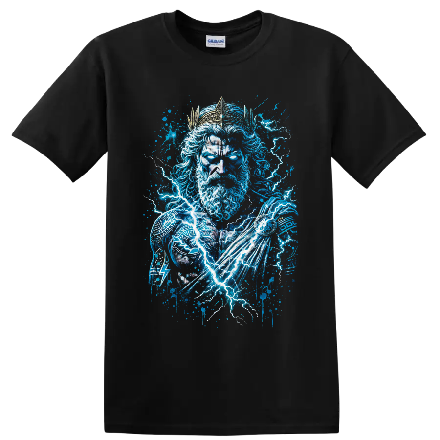 Zeus-inspired crowned lightning god in electric blue storm graffiti art on a Black T Shirt