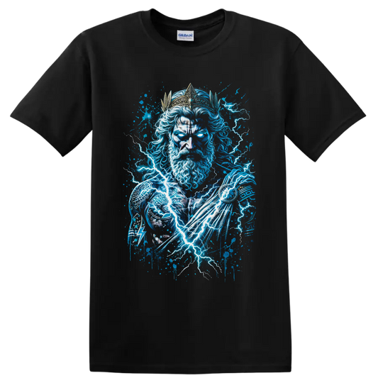 Zeus-inspired crowned lightning god in electric blue storm graffiti art on a Black T Shirt