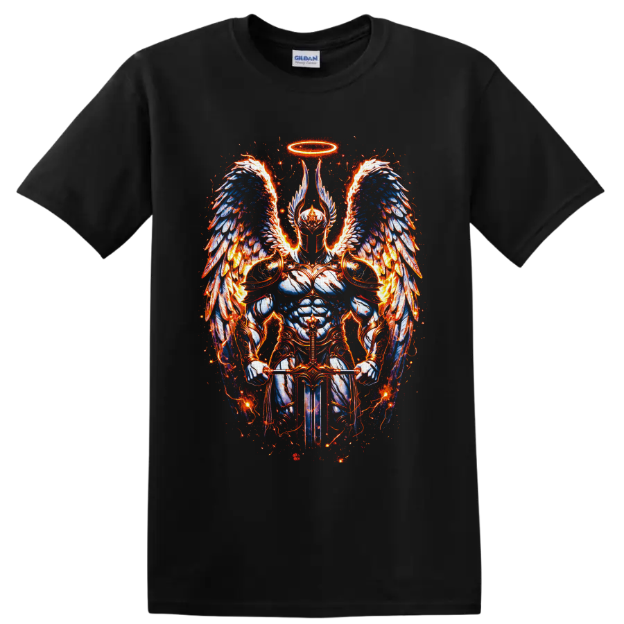 Armored angelic warrior with halo, fiery blue feathered wings, and sword fantasy art on a Black T Shirt