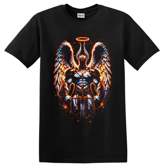 Armored angelic warrior with halo, fiery blue feathered wings, and sword fantasy art on a Black T Shirt
