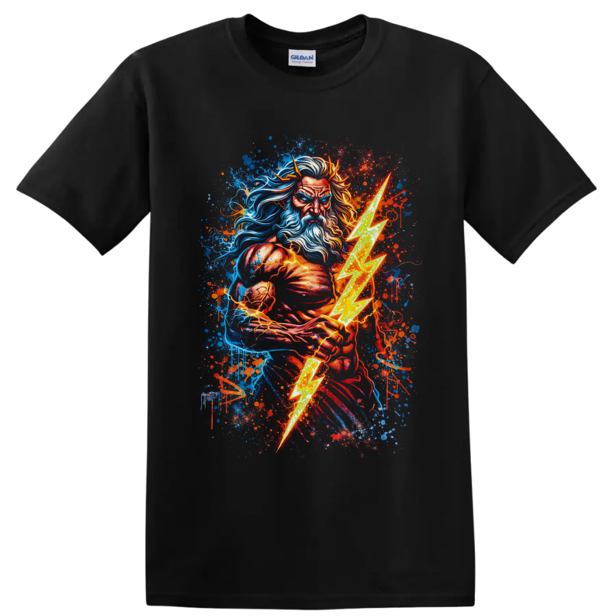 Bearded thunder god warrior holding a glowing lightning bolt in vibrant graffiti art on a Black T Shirt