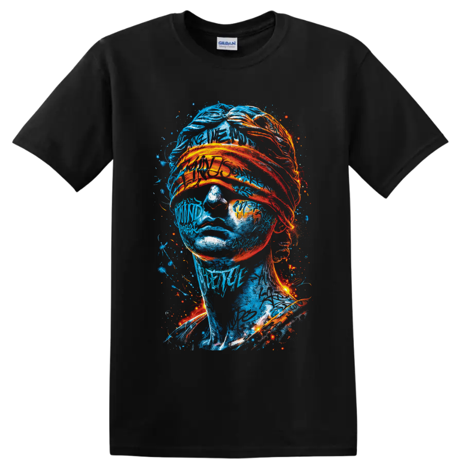Abstract blue portrait with fiery orange wrapped fabric and neon graffiti splatters on a Black T Shirt