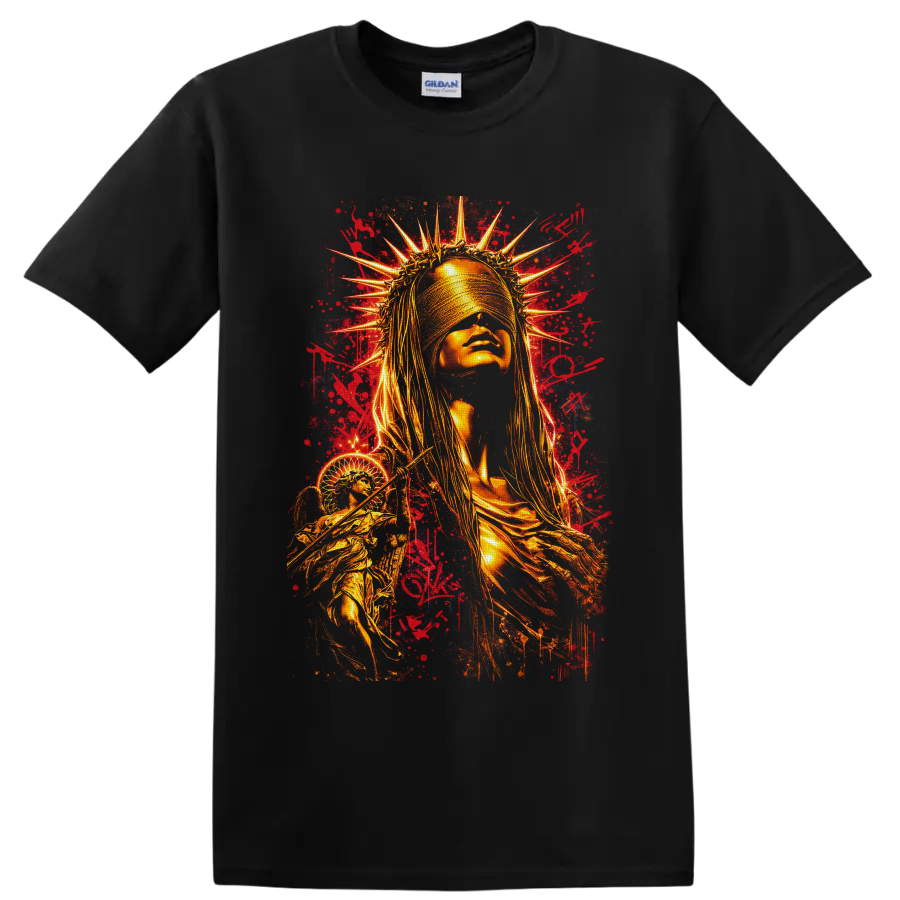 Golden blindfolded crowned woman with graffiti splatters and winged liberty-inspired on a Black T Shirt