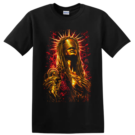Golden blindfolded crowned woman with graffiti splatters and winged liberty-inspired on a Black T Shirt