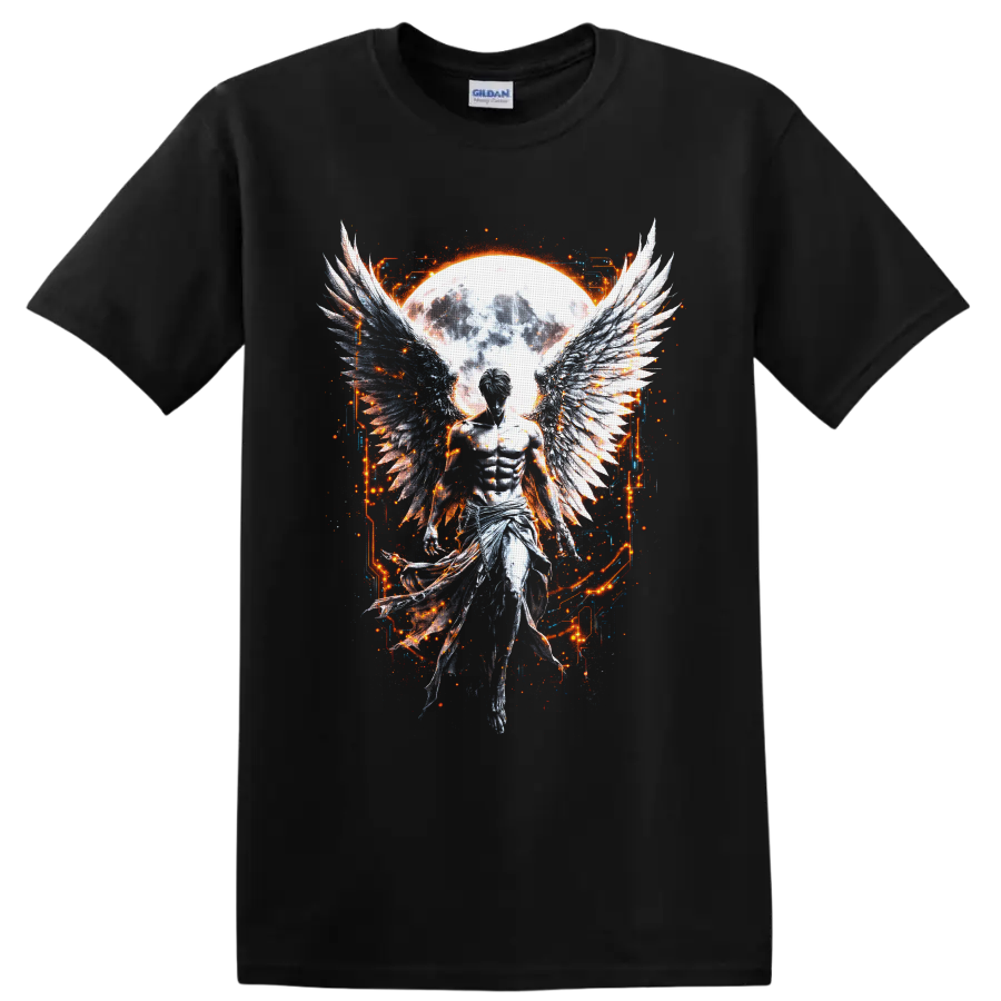 Fallen angel with feathered wings before a glowing moon in gothic fantasy art on a Black T Shirt