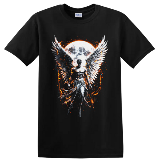 Fallen angel with feathered wings before a glowing moon in gothic fantasy art on a Black T Shirt
