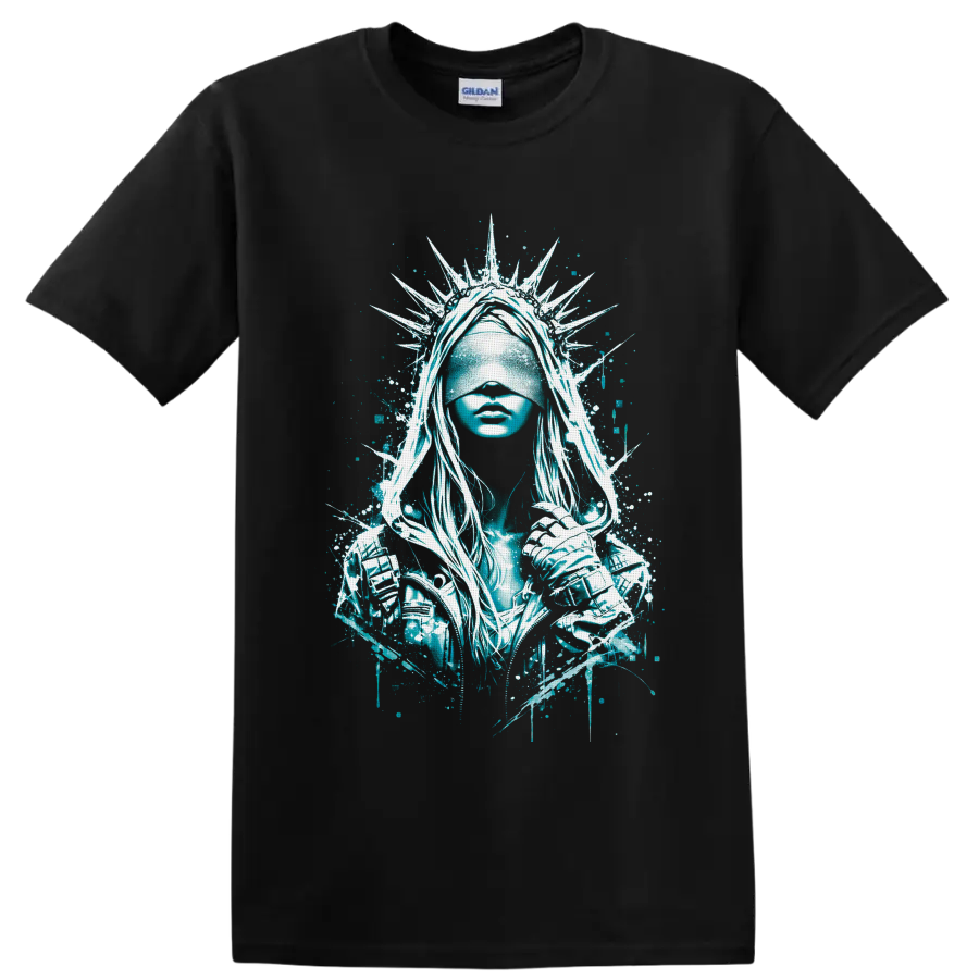 Blindfolded crowned warrior woman in teal gothic splatter art with spiked halo on a Black T Shirt