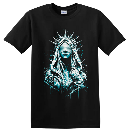 Blindfolded crowned warrior woman in teal gothic splatter art with spiked halo on a Black T Shirt