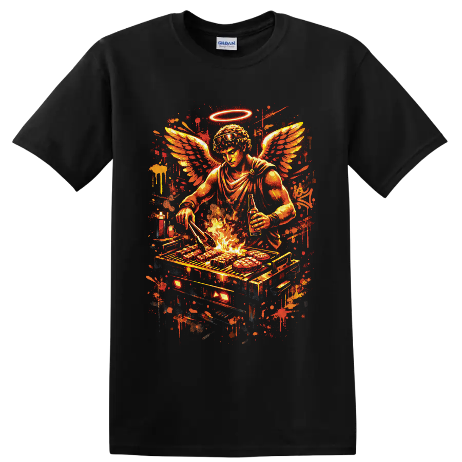 Fiery winged angel chef grilling over flames with halo, sunglasses, and paint splatters on a Black T Shirt