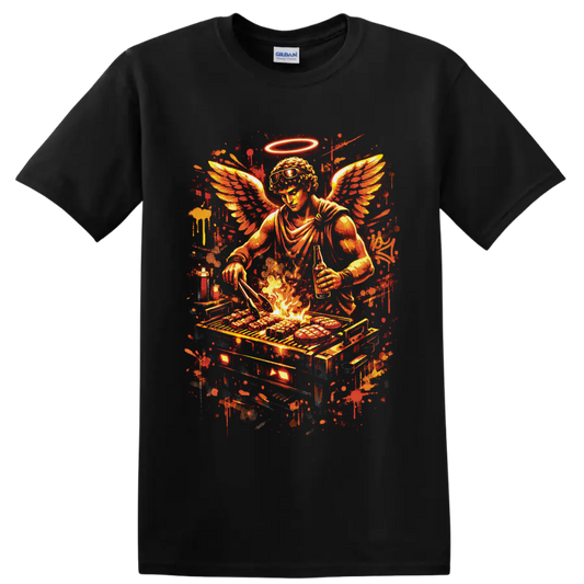 Fiery winged angel chef grilling over flames with halo, sunglasses, and paint splatters on a Black T Shirt