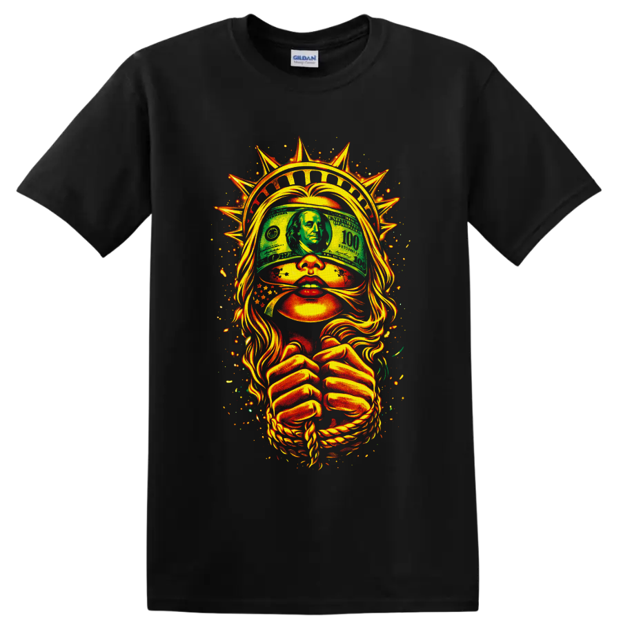 Blindfolded liberty lady with dollar bill, spiked crown, rope, and fiery street art on a Black T Shirt