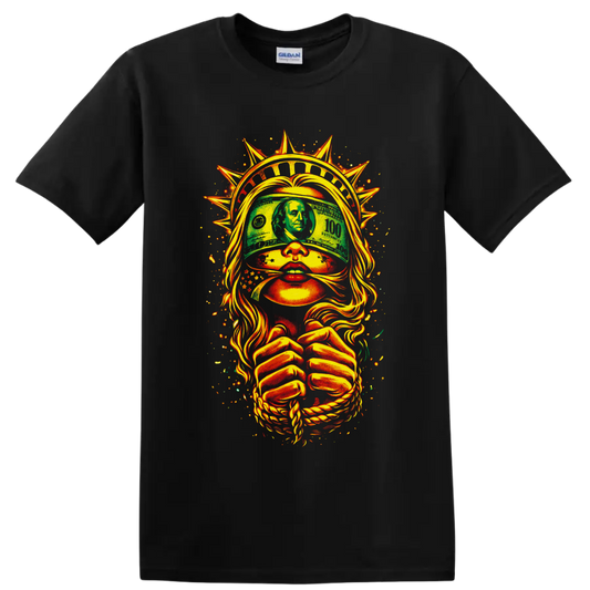 Blindfolded liberty lady with dollar bill, spiked crown, rope, and fiery street art on a Black T Shirt