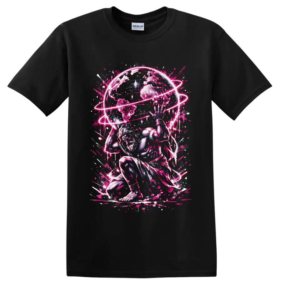 White-haired cosmic warrior beneath a globe with neon-pink orbital rings on a Black T Shirt
