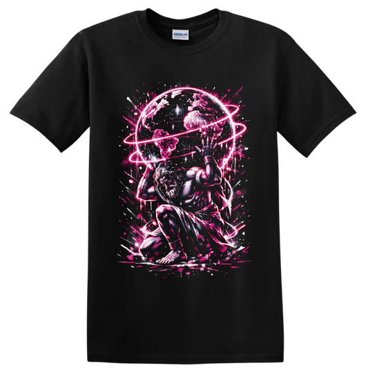 White-haired cosmic warrior beneath a globe with neon-pink orbital rings on a Black T Shirt
