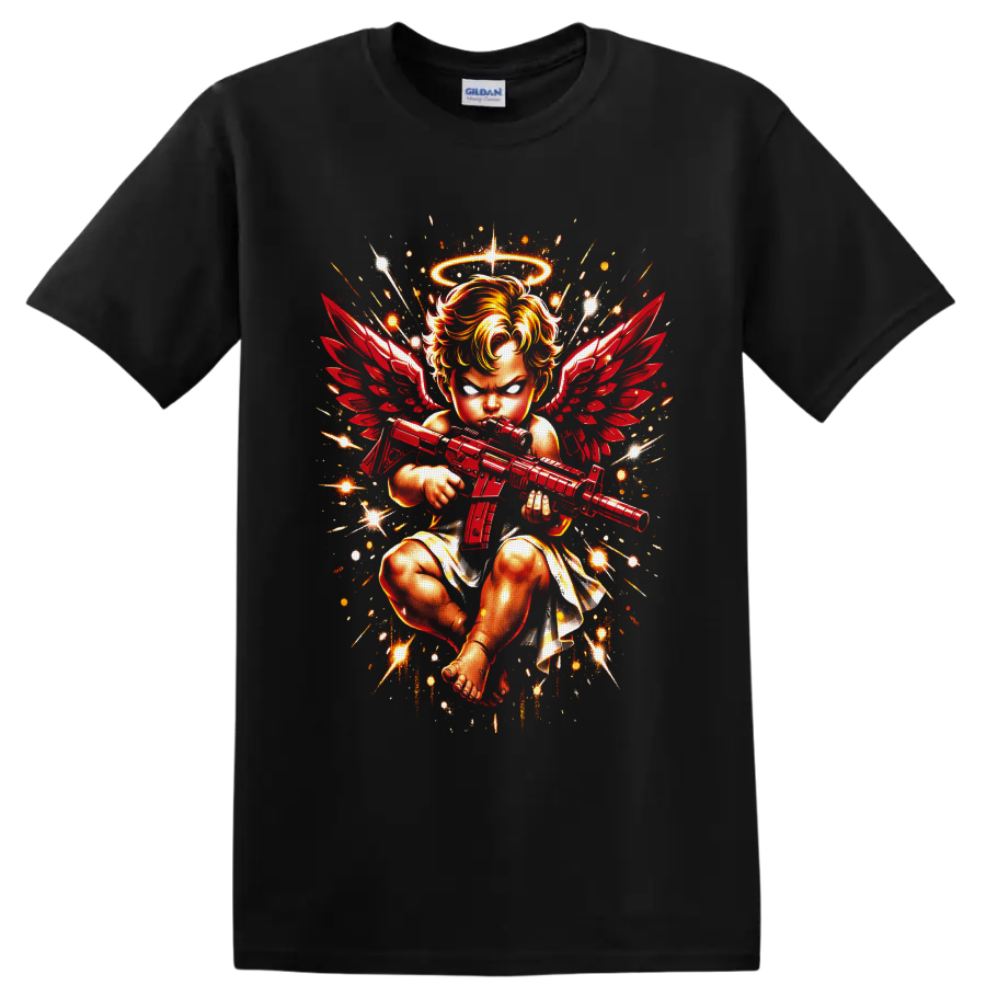 Fierce haloed angel baby with red wings holding a rifle in fiery fantasy art on a Black T Shirt