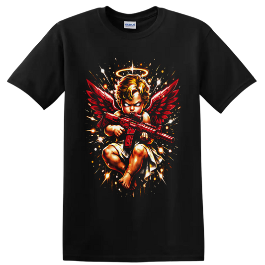 Fierce haloed angel baby with red wings holding a rifle in fiery fantasy art on a Black T Shirt