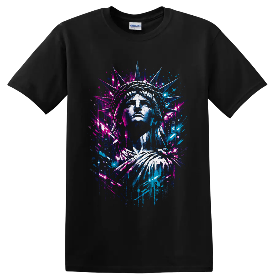 Statue of Liberty portrait in neon graffiti street-art style with urban splatter accents on a Black T Shirt