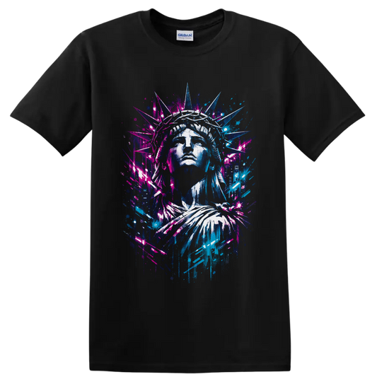 Statue of Liberty portrait in neon graffiti street-art style with urban splatter accents on a Black T Shirt