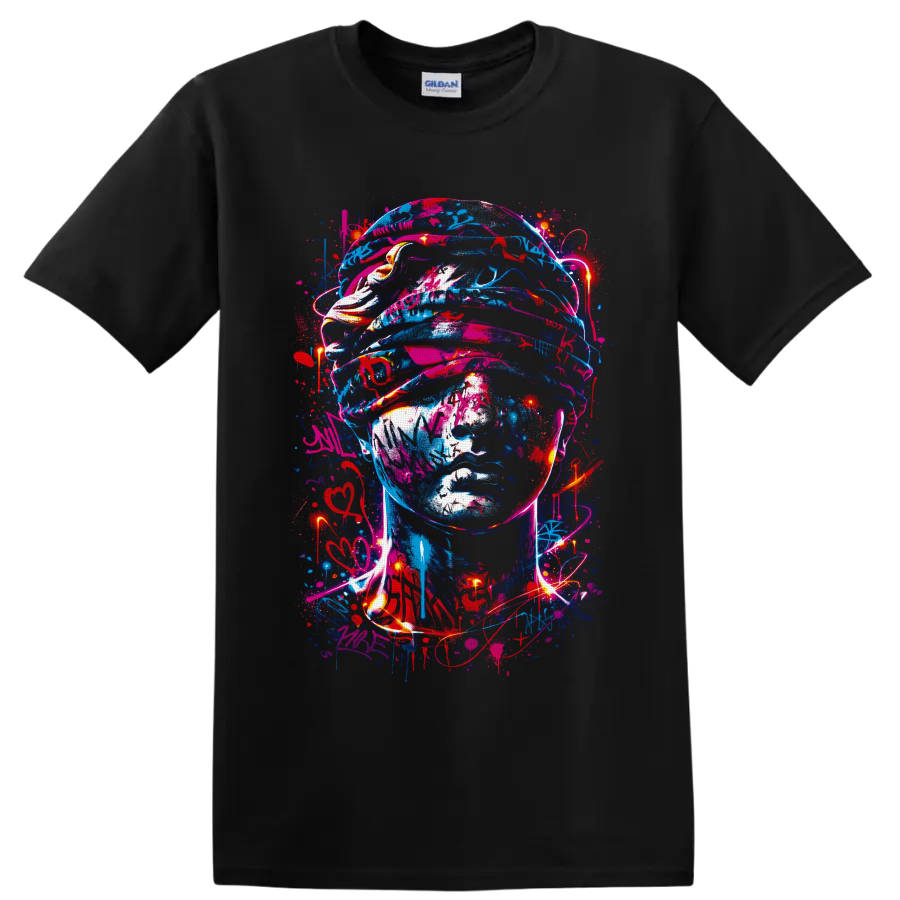 Neon graffiti-style soldier helmet portrait with paint splatters and glowing light trails on a Black T Shirt