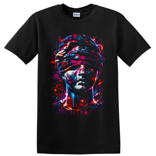 Neon graffiti-style soldier helmet portrait with paint splatters and glowing light trails on a Black T Shirt