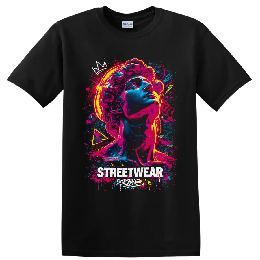 Neon graffiti classical statue bust with paint splashes and STREETWEAR text on a Black T Shirt