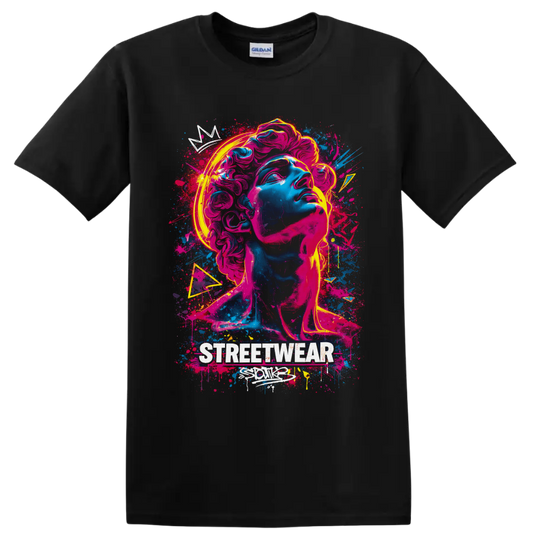 Neon graffiti classical statue bust with paint splashes and STREETWEAR text on a Black T Shirt