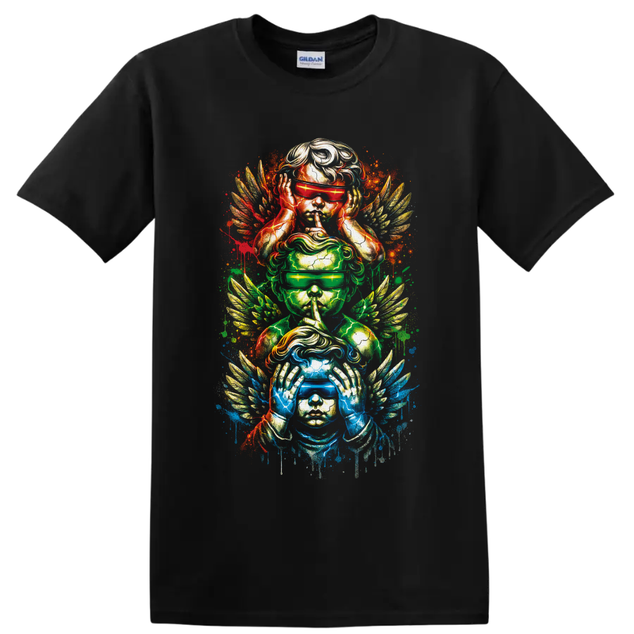 Three winged figures portraying hear, speak, and see no evil in neon splatter art on a Black T Shirt