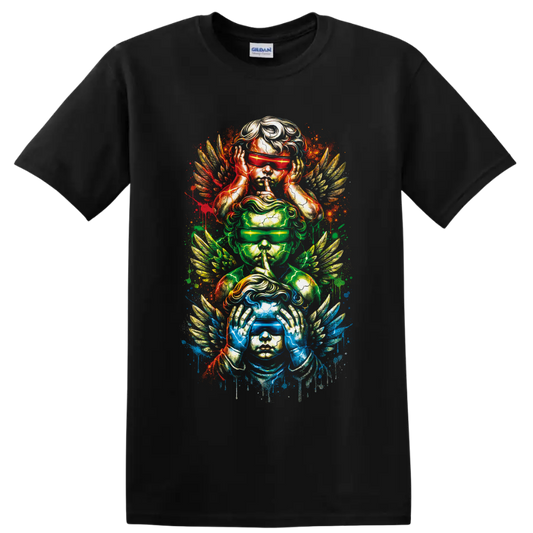 Three winged figures portraying hear, speak, and see no evil in neon splatter art on a Black T Shirt