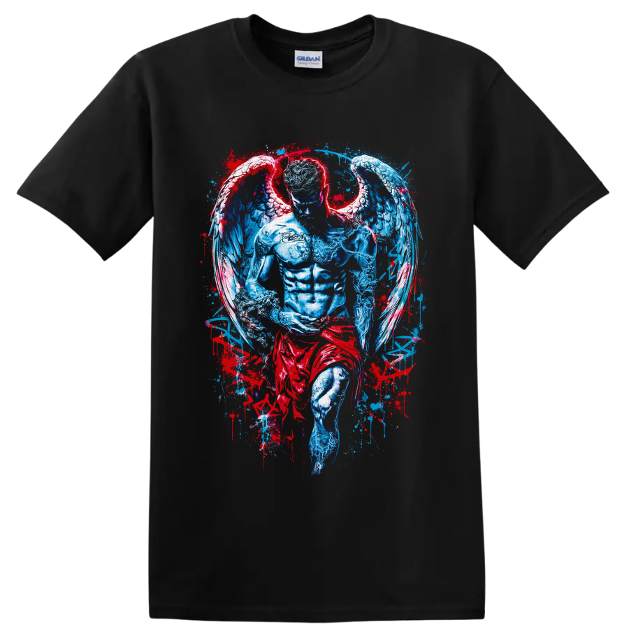 Winged angel warrior in blue and crimson gothic fantasy splatter illustration on a Black T Shirt