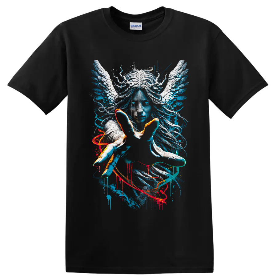 Surreal blue winged portrait with white angel wings, flowing hair, and paint splatter on a Black T Shirt