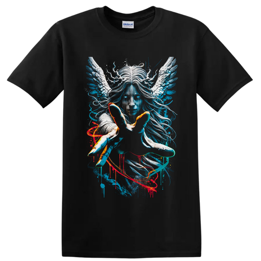Surreal blue winged portrait with white angel wings, flowing hair, and paint splatter on a Black T Shirt