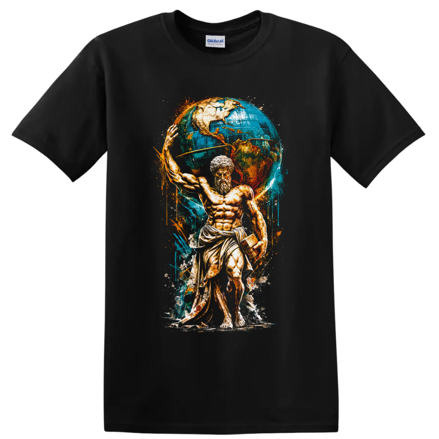 Atlas-inspired classical Titan with a blue world globe in distressed vintage paint art on a Black T Shirt