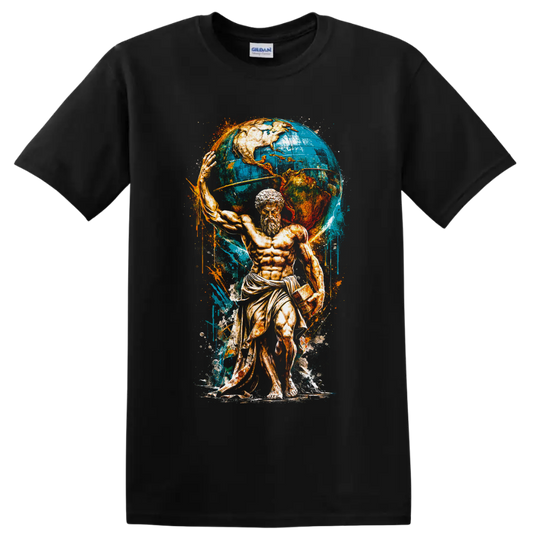 Atlas-inspired classical Titan with a blue world globe in distressed vintage paint art on a Black T Shirt