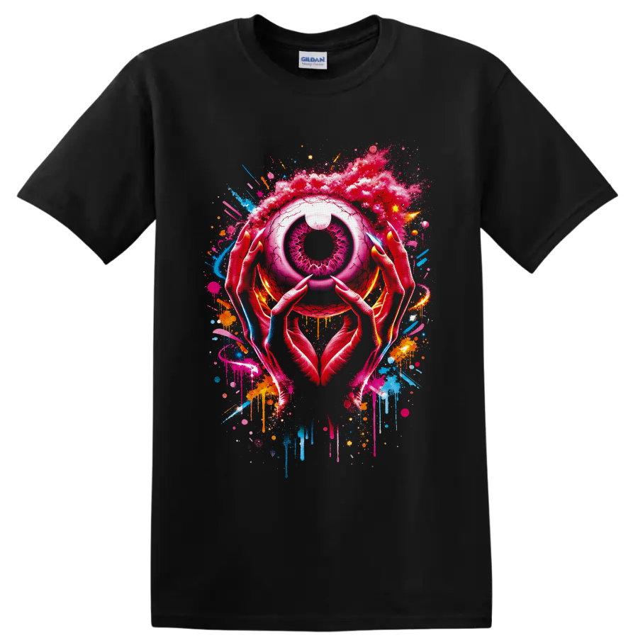 Surreal pink eye held by pointed hands with neon graffiti splatters and drips on a Black T Shirt